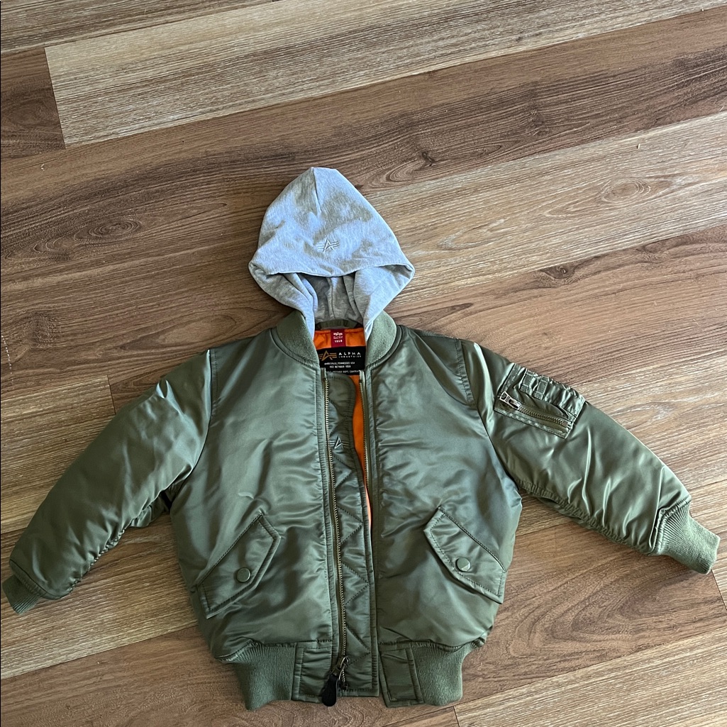 Alpha Industries Olive Bomber Jacket With Light Gray Hood - Size 3t